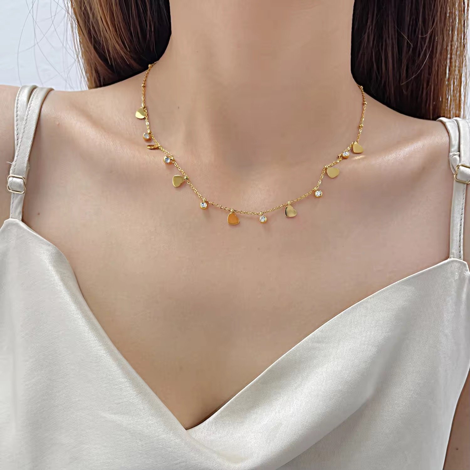 Women Jewelry Stainless Steel Dangle Love Heart Drop Necklaces 18k Gold Plated Clavicle Chain Choker | Rinlok