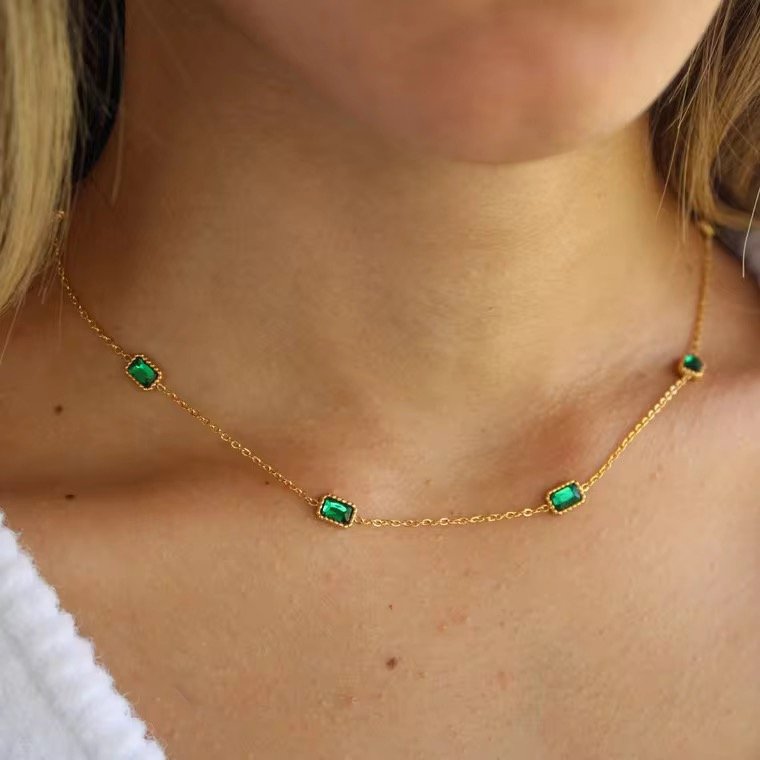 Green Stone 18k Gold Plated Stainless Steel Birthstone Necklace